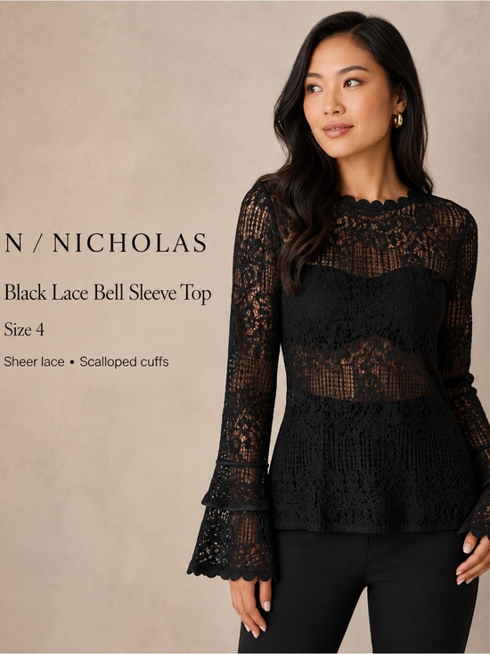 N/Nicholas Tops - N/Nicholas Black Sheer Lace Long Bell Sleeve Blouse Top Size 4